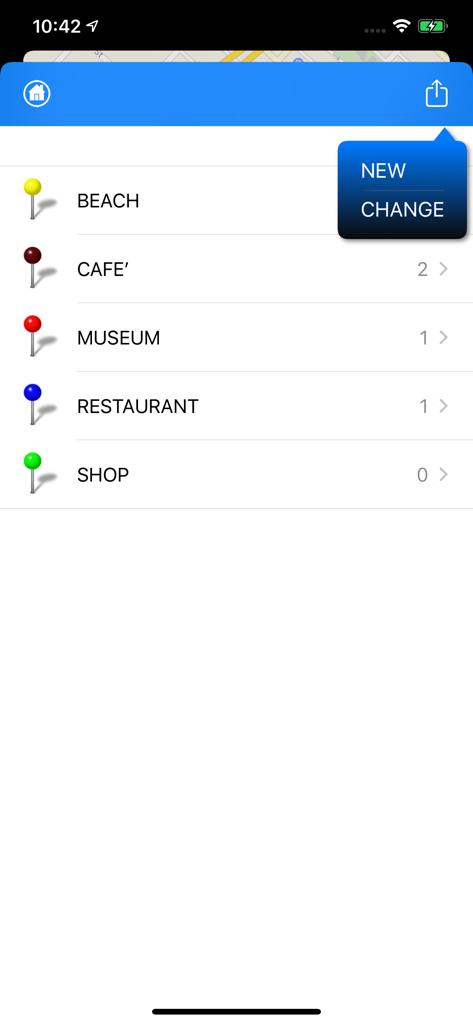 Pin the World 2 - Pin the World 2アプリインターフェースのビーチ、カフェ、美術館などのマップピンカテゴリのリスト。