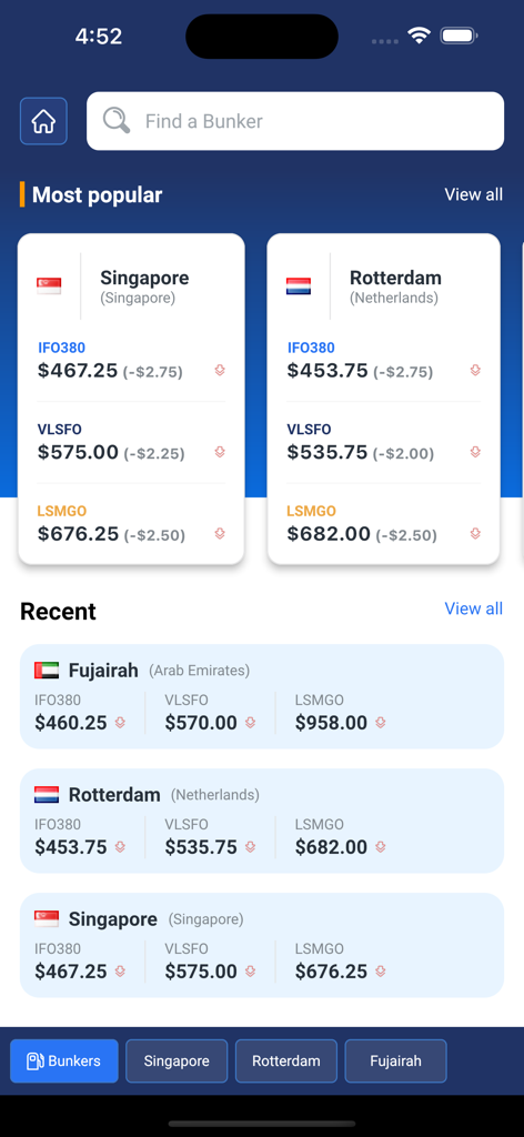 AXSMarine - Global bunker fuel price monitoring dashboard in AXSMarine app