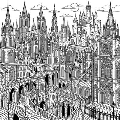 Immerse yourself in a world of intricate spires and ancient arches with this stunning gothic architecture coloring page. This full-scene design offers a captivating challenge for artists who love detailed structures and mysterious vibes.