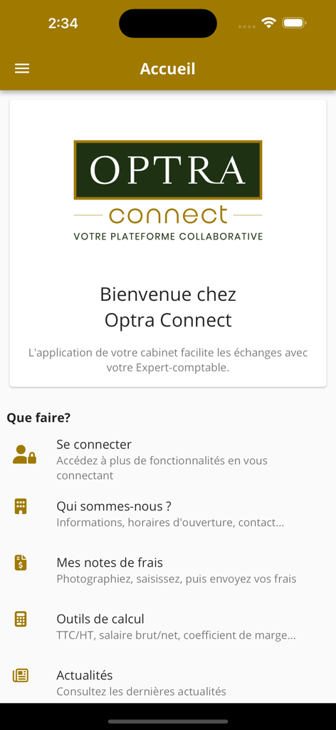 Écran d'accueil de l'application mobile Optra Connect présentant un menu pour les services du portail client