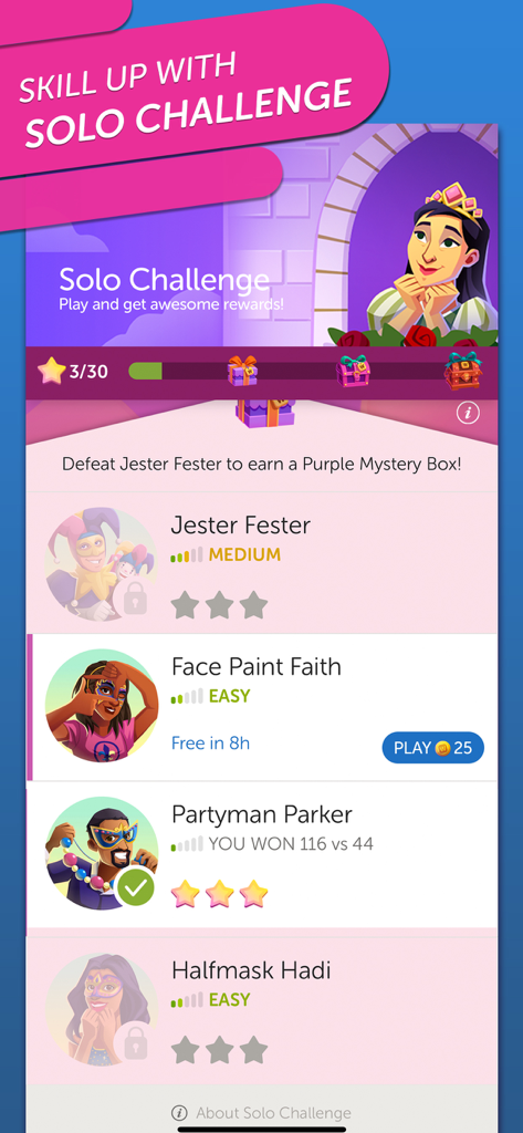 Classic Words With Friends - Solo Challenge mode in Classic Words With Friends featuring cartoon opponents and progress rewards.