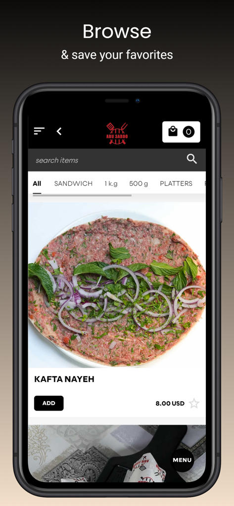 Abu 3abdo - Abu 3abdo mobile app menu screen featuring Kafta Nayeh dish with browse and favorites options