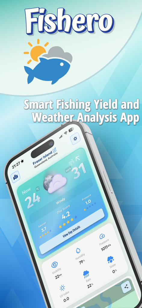 Fishero - Angler Forecast - Fishero app screen showing fishing productivity score and weather data for an angler