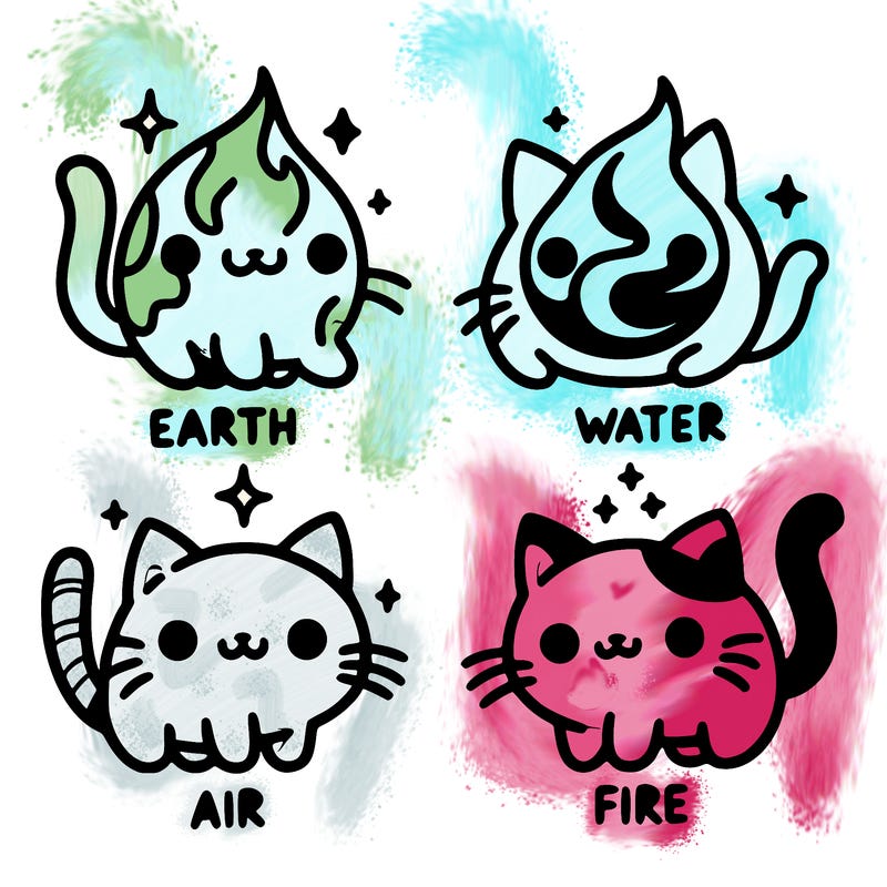 4 cats that represent the different elements, earth, water, air, and fire