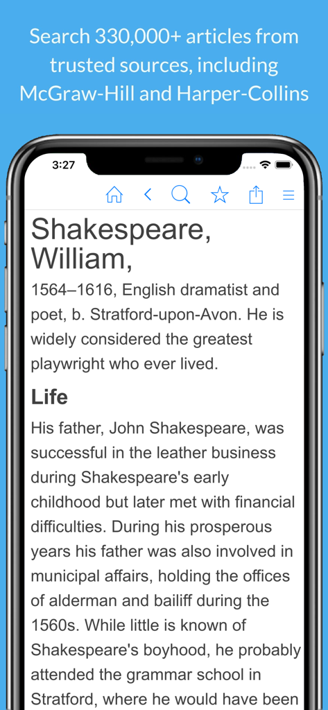 Encyclopedia by Farlex app displaying a biography of William Shakespeare from trusted sources.