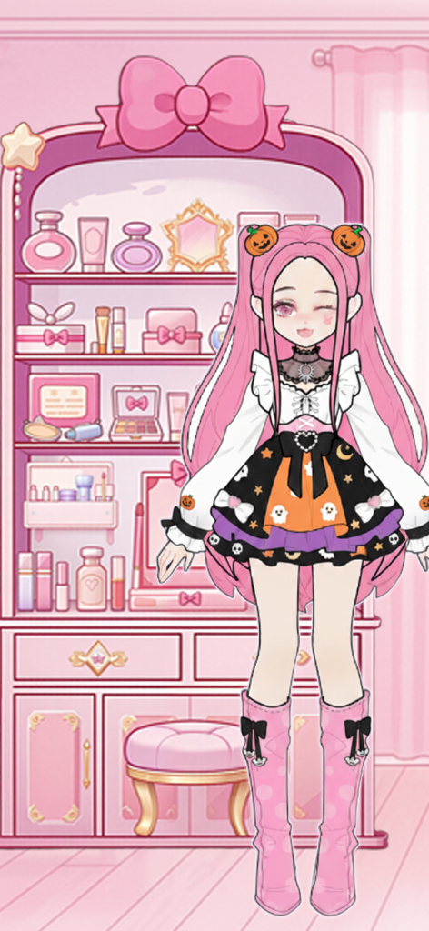 Sparkle Style: Dress up games - Un avatar de muñeca de pelo rosa con un atuendo temático de Halloween dentro de una habitación de tocador decorada de color rosa.