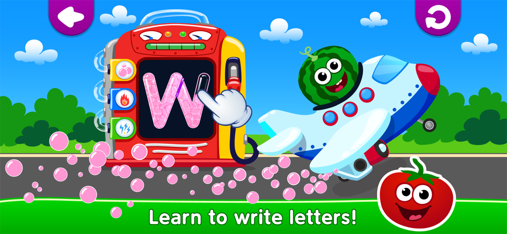 Una mano animata che traccia la lettera W in un gioco educativo a tema stazione di servizio per bambini piccoli