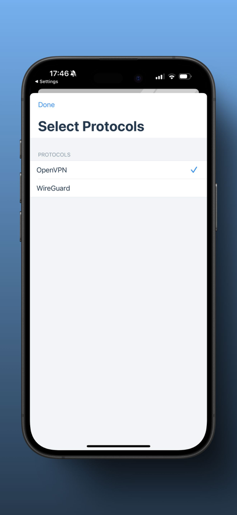 VPN - SWR - SWR VPN App-Bildschirm, der die Protokollauswahl für OpenVPN und WireGuard zeigt.