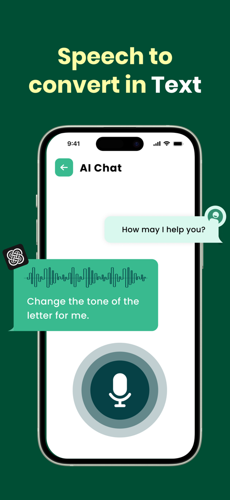 Pantalla de smartphone mostrando una función de voz a texto en una aplicación de chatbot AI
