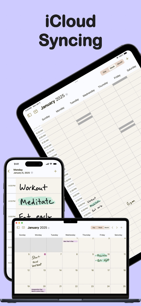 CalenDrawアプリ。iPhone、iPad、MacBook間でシームレスなカレンダー同期を表示。