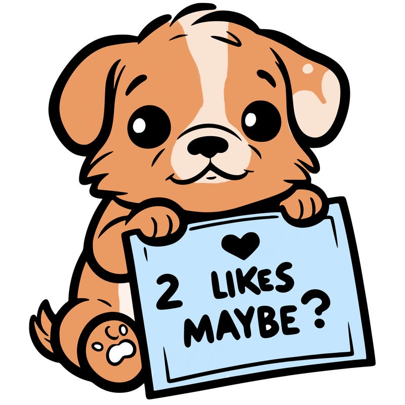 a puppy holding a sign that says 2 likes maybe?