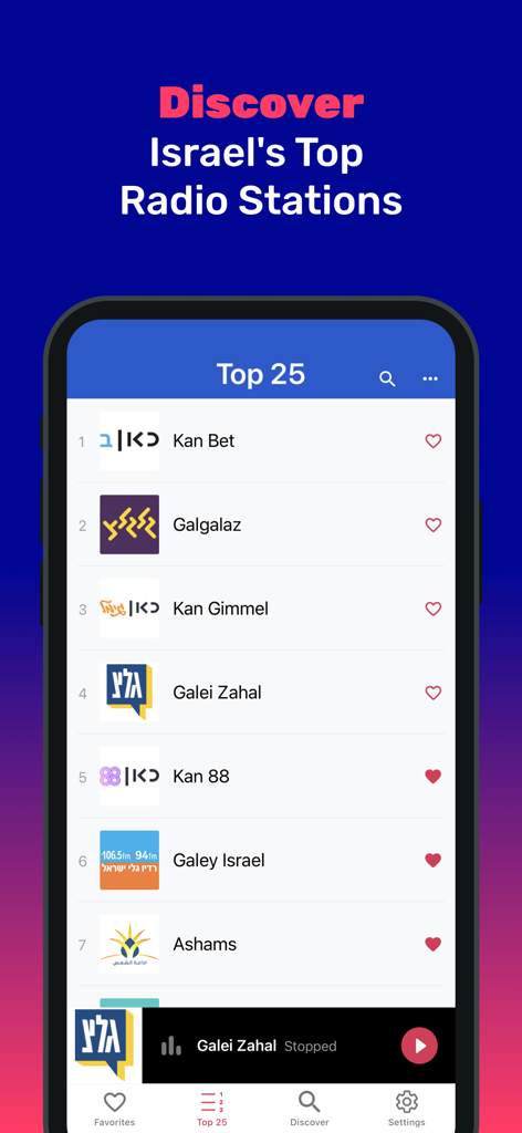 RLive mobile app screen displaying a list of top 25 Israeli radio stations.