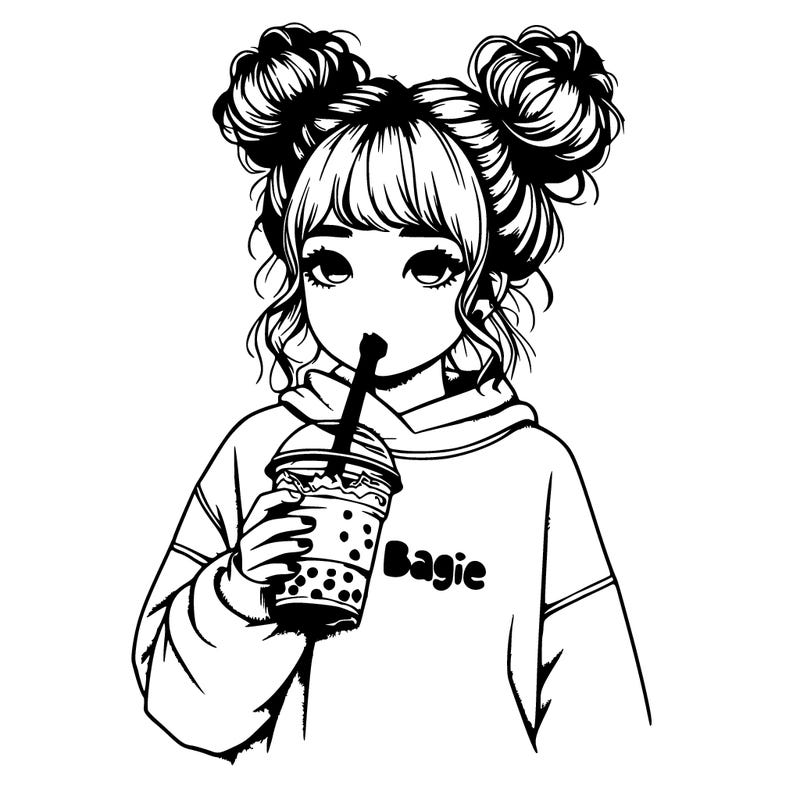 realistic girl with two messy buns, with boba tea drink with a baggie sweatshirt