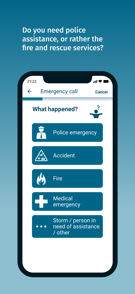 nora - Emergency Call App - Interface of the nora emergency app showing buttons to select the type of emergency such as Police, Accident, Fire, or Medical assistance.