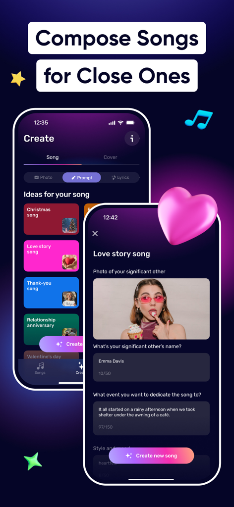 AIR Music - AI Song Generator - AIR Music App-Oberfläche zeigt, wie man personalisierte KI-Songs für Angehörige mit benutzerdefinierten Prompts und Fotos komponiert.