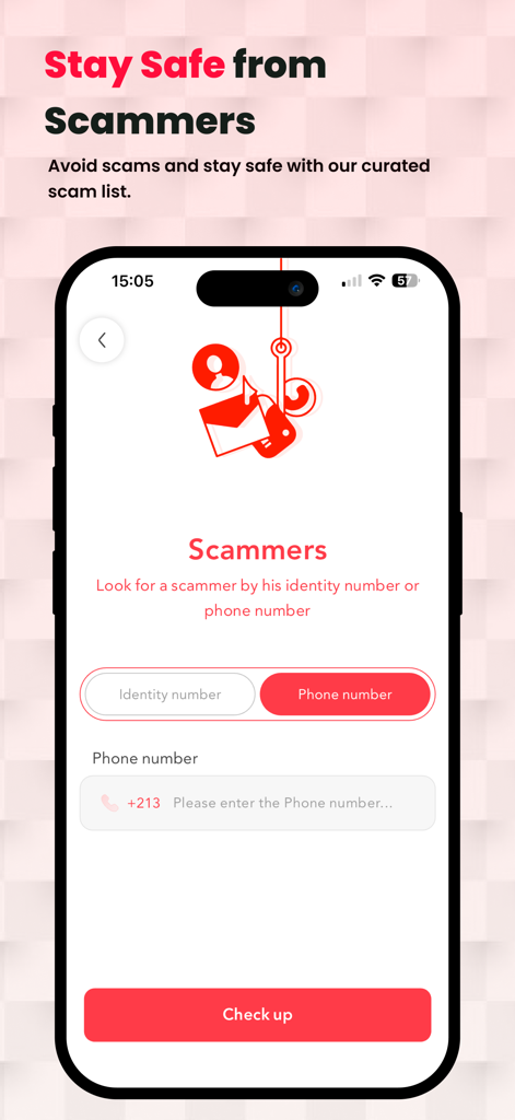 Aqarimmo pro - Interface do aplicativo Aqarimmo Pro para pesquisar e identificar potenciais golpistas usando identidade ou número de telefone.