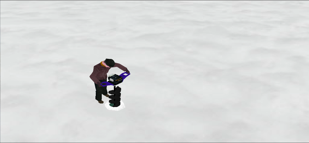 Ice Fishing Derby Premium - 얼음 구멍을 뚫기 위해 파워 오거를 사용하는 캐릭터