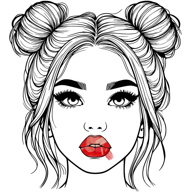 realistic girl with two buns on her hair and lips