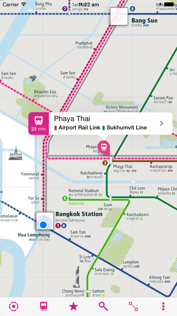 Bangkok Rail Map Lite - Eine detaillierte Kartenansicht der Bangkok Rail Map Lite App, die den Bahnhof Phaya Thai und sich kreuzende Bahnlinien zeigt.