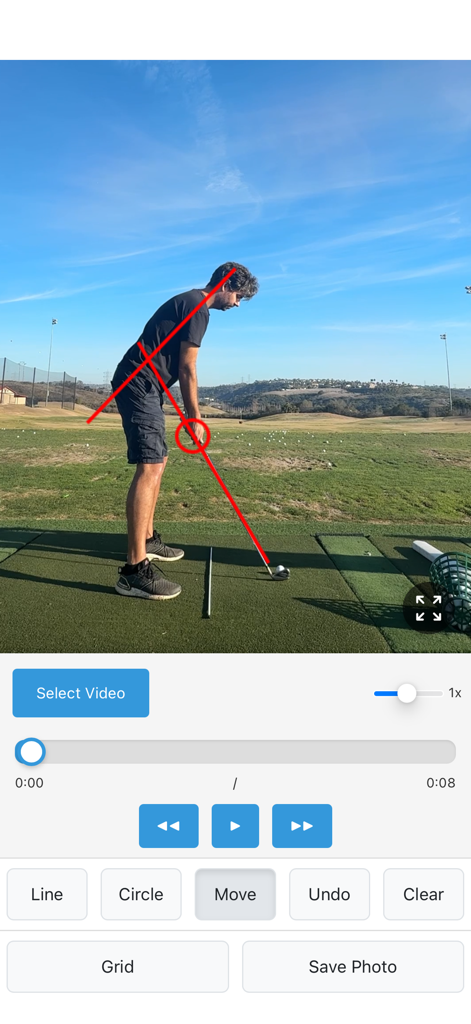 SwingDraw - Golf swing analysis on a mobile app with red line and circle annotations over a golfer at a driving range