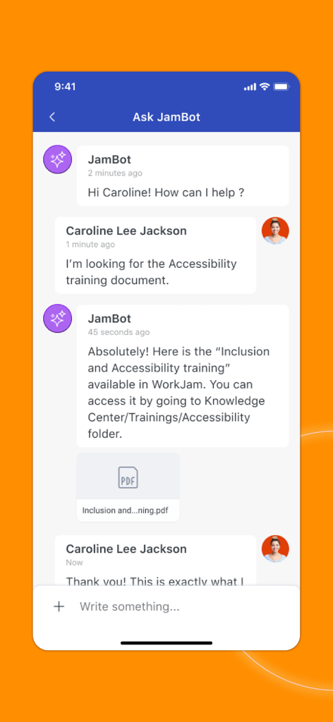 WorkJam - Interfaccia mobile dell'app WorkJam che mostra una chat con l'assistente AI JamBot riguardo ai documenti di formazione sul posto di lavoro