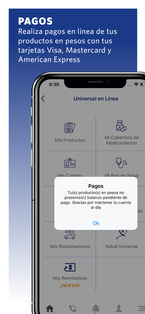 Pantalla de pago en línea de la app de seguros Universal con una notificación confirmando que no hay saldo pendiente