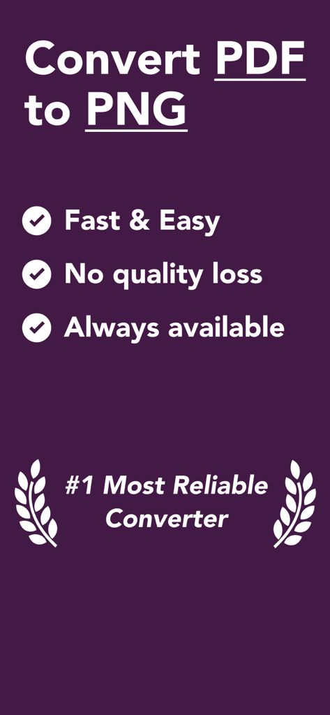 PDF-zu-PNG-App-Bildschirm, der eine schnelle und einfache Konvertierung ohne Qualitätsverlust hervorhebt