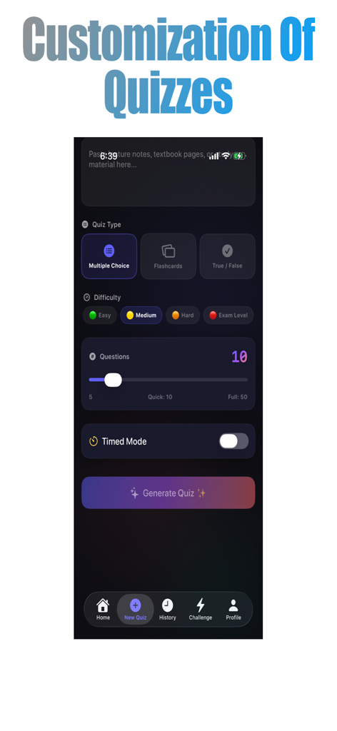 Study Quizzer - Interface for customizing AI-generated quizzes by type, difficulty, and number of questions.