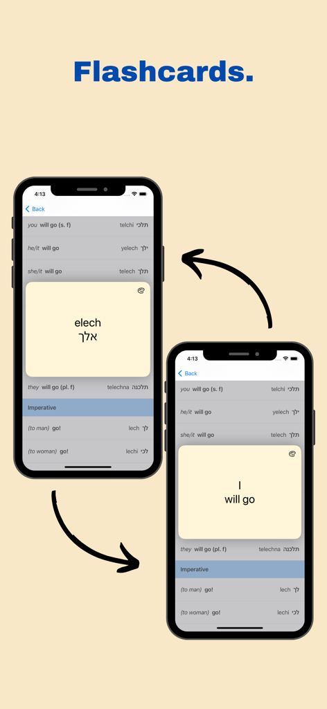 Learn Hebrew On The Go - 活用練習のためのヘブライ語動詞フラッシュカードを表示するモバイルアプリのインターフェイス