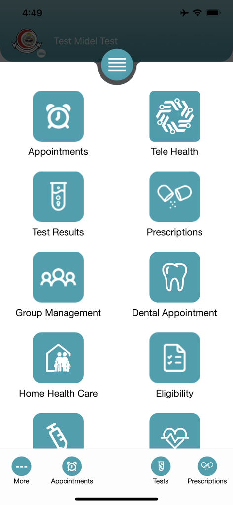 خدمات المرضى - Dashboard of the NGHA Patient Care app showing icons for medical services like appointments, test results, and prescriptions