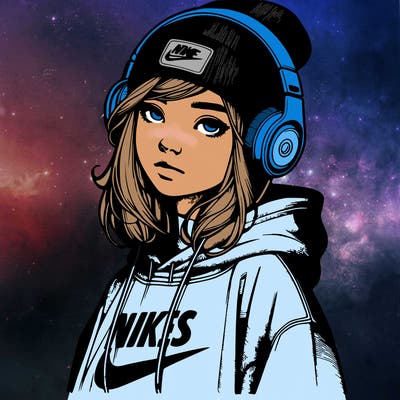 realistic girl wearing a hoodie and a beanie and headphones and nikes