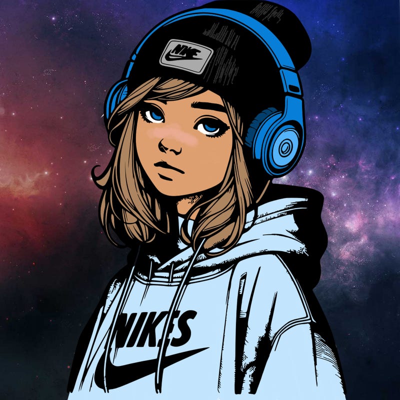 realistic girl wearing a hoodie and a beanie and headphones and nikes