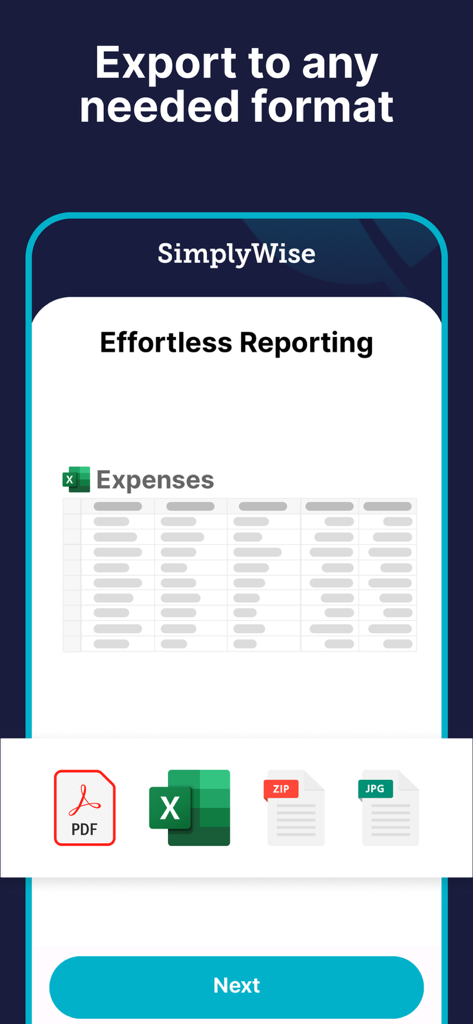 SimplyWise: Receipts, Expenses - SimplyWise app screen showing effortless reporting and options to export expenses in PDF Excel ZIP and JPG formats