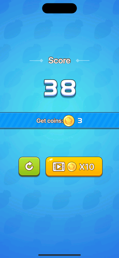 Results screen showing a score of 38 and coins earned in a mini game