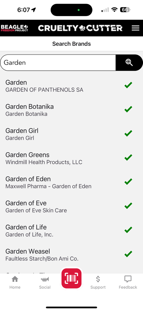 Cruelty Cutter - Cruelty Cutter mobile app screen showing a list of brands with green checkmarks indicating their cruelty-free status
