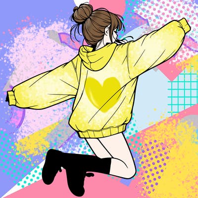 realistic girl jumping with a bun and oversized sweatshirt