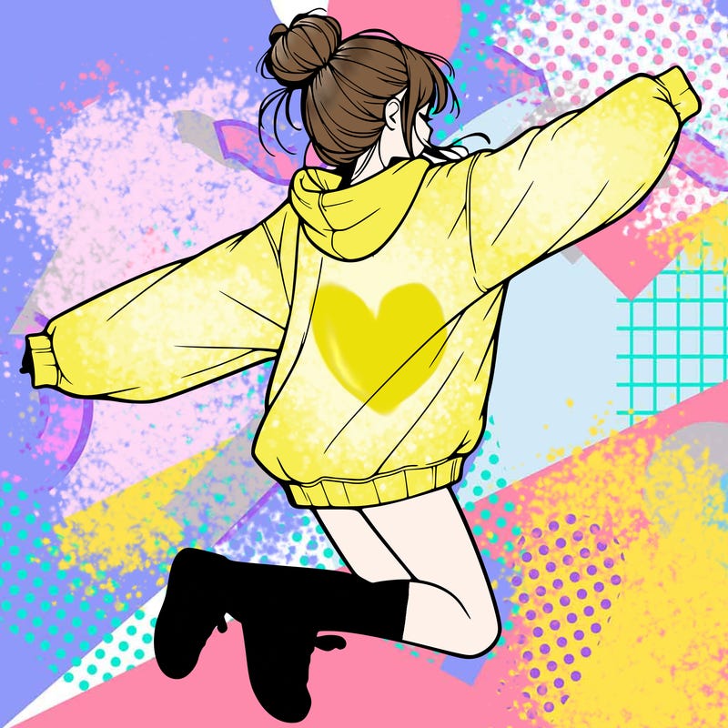 realistic girl jumping with a bun and oversized sweatshirt