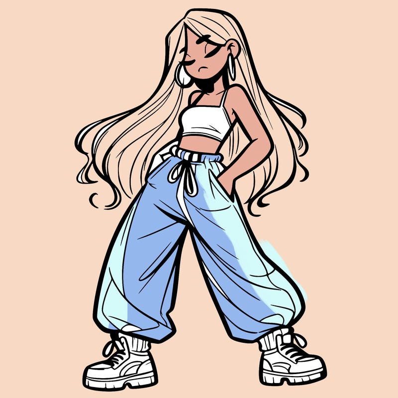 girl in baggy pants crop top and long hair