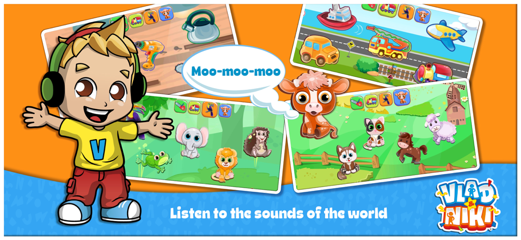 Vlad and Niki character presenting various sound categories like animals and vehicles in an educational music game