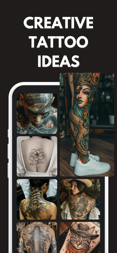 A collection of diverse AI-generated tattoo designs including Japanese style, fine line floral, and realistic leg art.