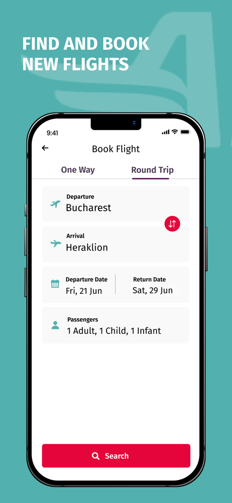 Interface of the AnimaWings app for searching and booking flights between Bucharest and Heraklion.