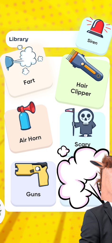 Magic Voice Changer: Prank App - Magic Voice Changer app interface showing a library of prank sound effects like air horn and siren