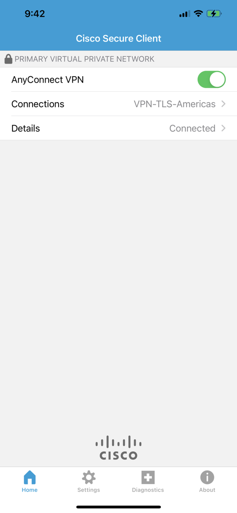 Tela inicial do aplicativo Cisco Secure Client mostrando um status de VPN conectada em um iPhone