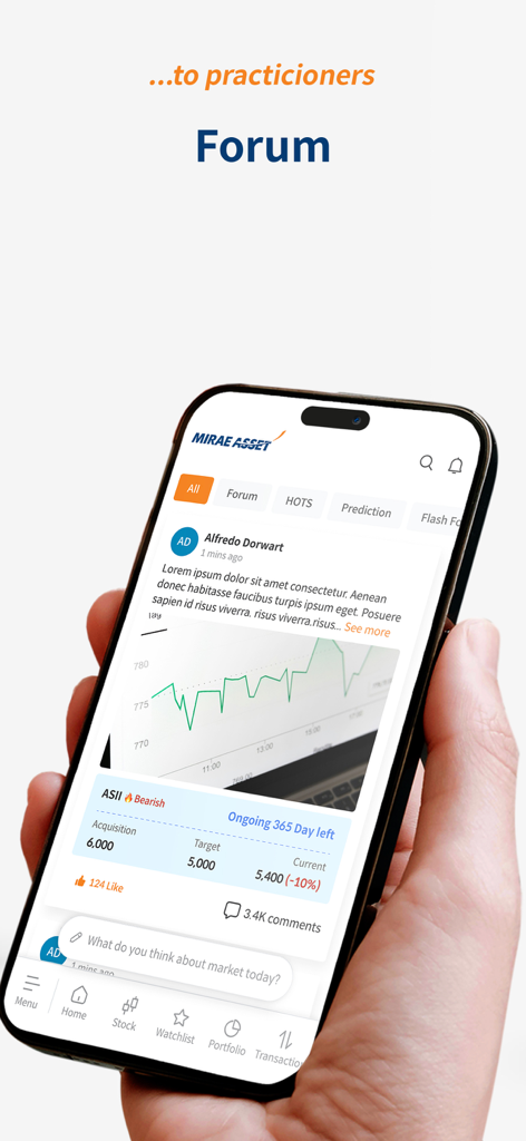 Smartphone displaying the community forum screen of the M-STOCK investment app with a stock analysis post and chart