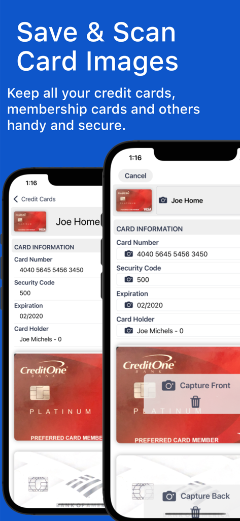 My Eyes Only Password Manager - A mobile app screen showing how to scan and save credit card images and information securely