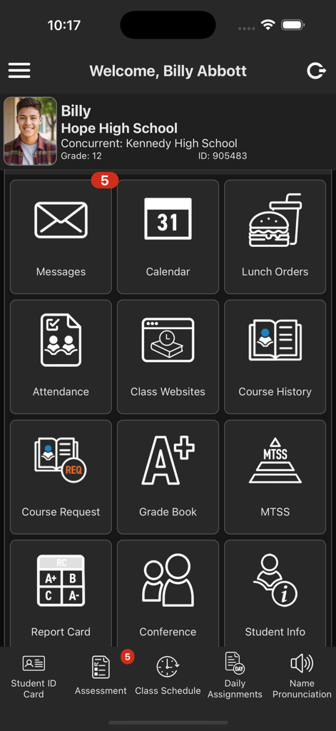 StudentVUE (New) - Schermata principale dell'app mobile StudentVUE che mostra una dashboard dello studente con icone per registro voti, presenze e messaggi.