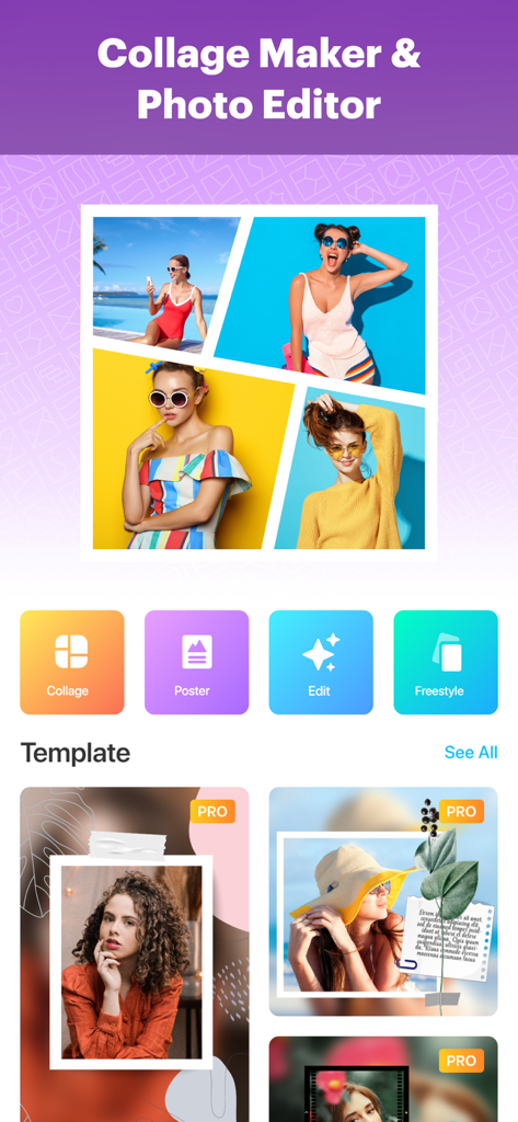 Interface of Collage Maker and Photo Editor app featuring creative layouts and artistic photo templates.