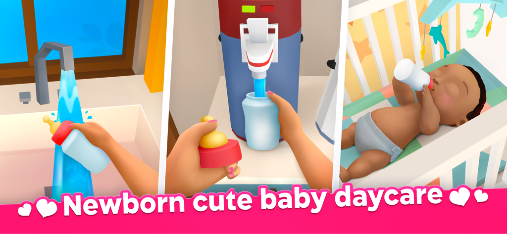 Gameplay montage showing bottle preparation and newborn feeding in the Mother Life and Baby Simulator app.
