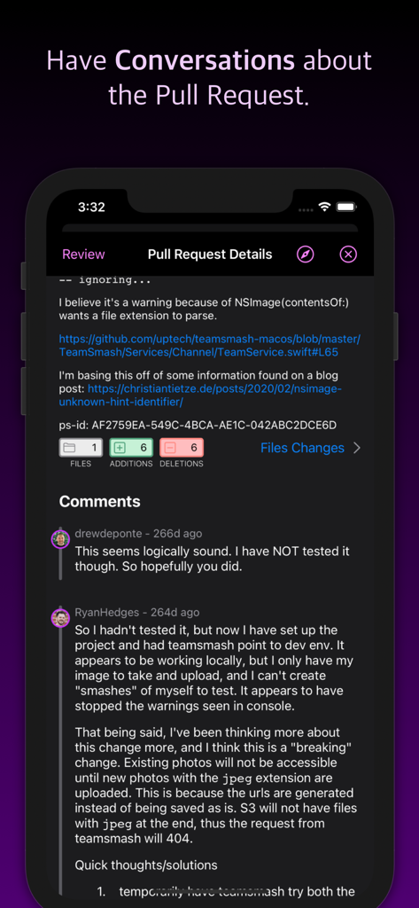 Pullwalla for Bitbucket GitHub - Pullwalla app interface showing pull request details and developer comments on an iPhone
