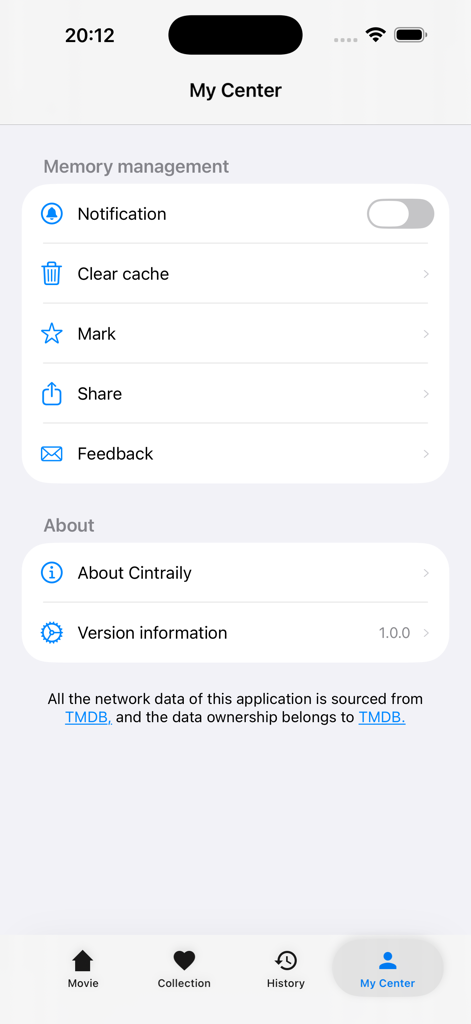 Cintraily - Cintraily app My Center settings screen showing memory management and about sections